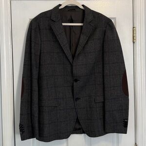 Sisley Gray Wool Tweed Checkered Blazer Men 42 R Elbow Patches Sport Coat Jacket